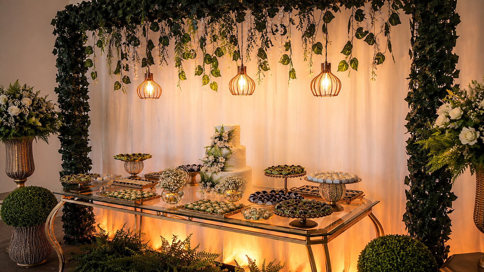 Mesa de doces decorada no Alegria Buffet
